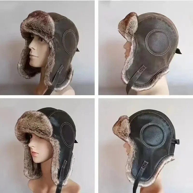 Winter Trapper Hat - 가죽 스노우윈트 캡 귀덮개 방풍 따뜻한