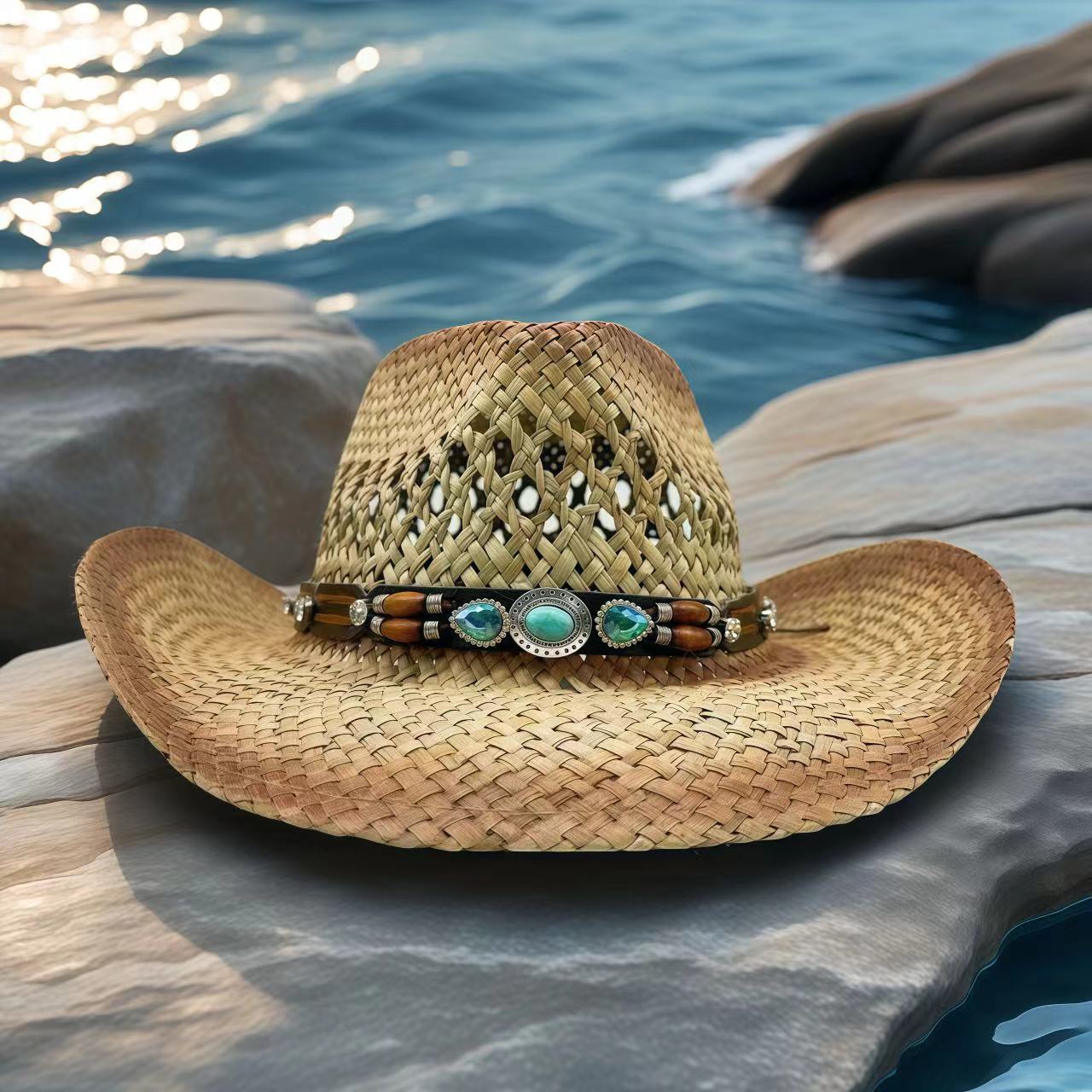 Cowboy Hat Straw - 라인스톤 카우보이 모자 밀짚 햇빛 가리개